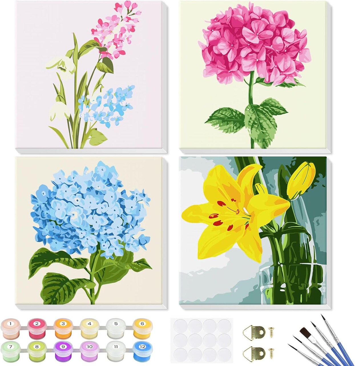 Paint by Number for Adults Beginners, 4 Pack DIY Adult Paint by Number Kits on Canvas Framed, Flowers Color by Numbers Acrylic Oil Painting Number Kits Crafts for Home Wall Decor 8x8inch